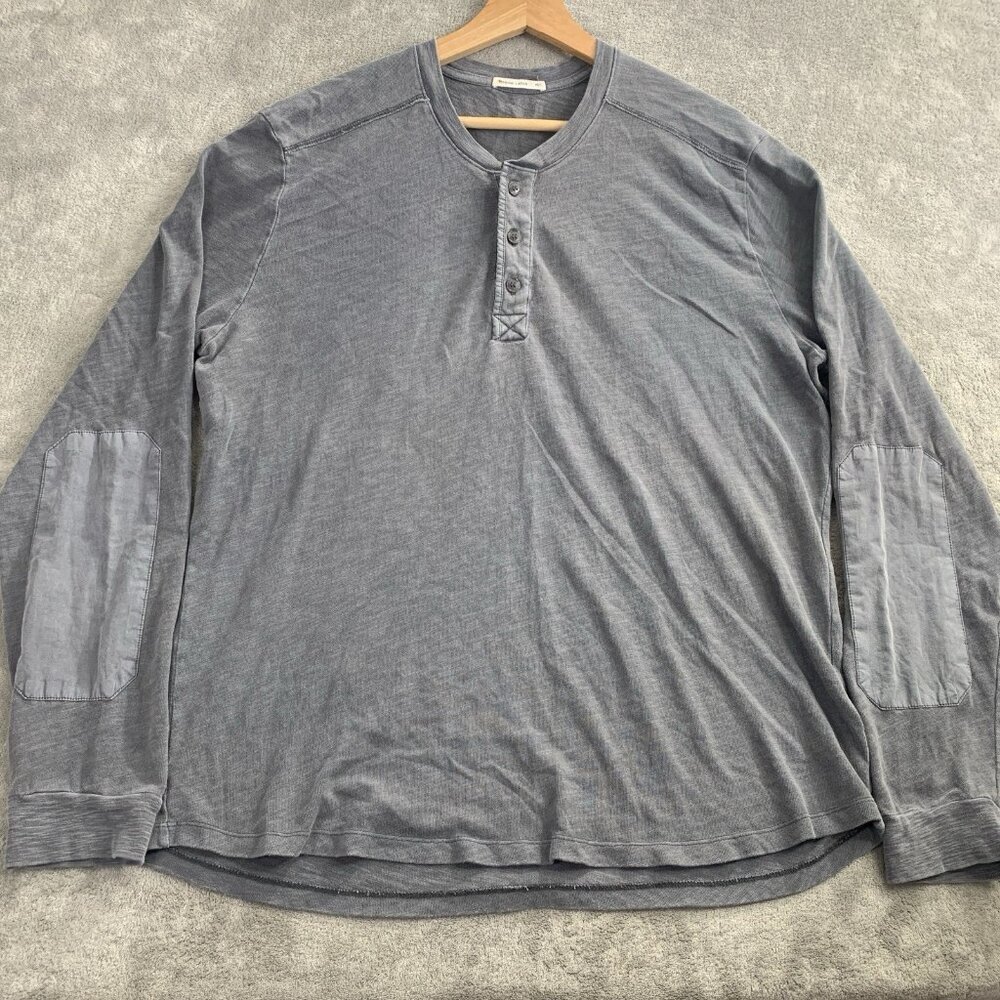 Marine Layer Shirt Mens M/L Gray Long Sleeve Henley Elbow Patches Cotton Preppy